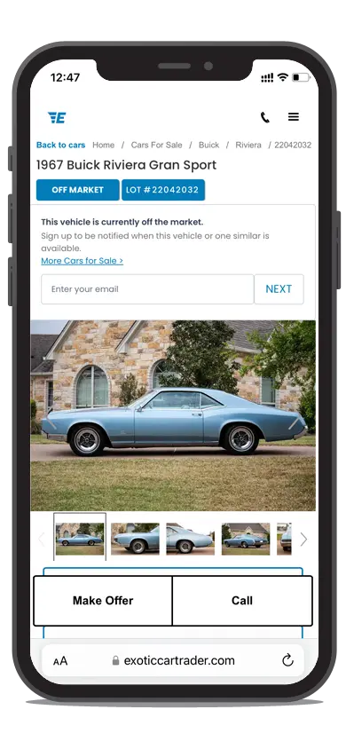 Riviera listing on Exotic Car Trader, on a phone