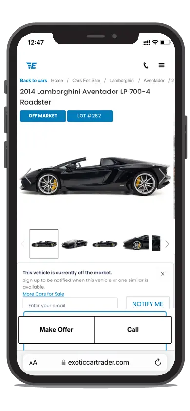 Exotic Car listing on Exotic Car Trader, on a phone