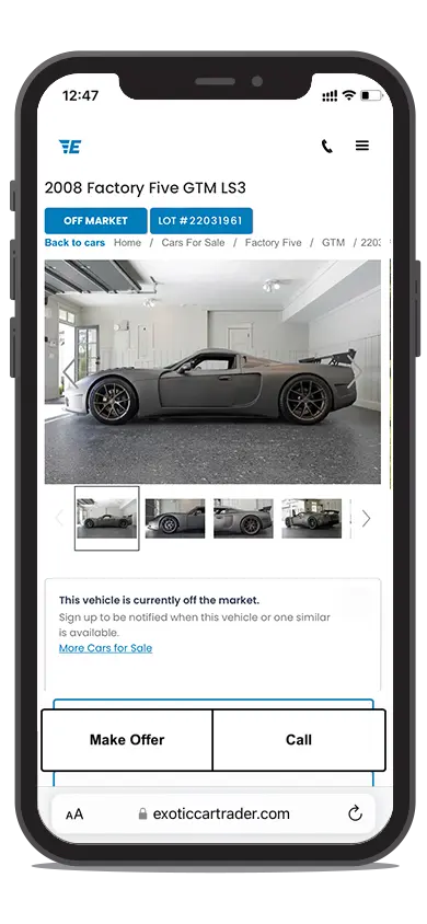 Factory Five listing on Exotic Car Trader, on a phone