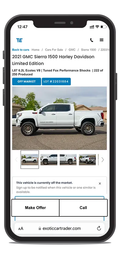 GMC listing on Exotic Car Trader, on a phone