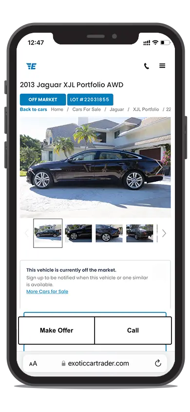 Jaguar listing on Exotic Car Trader, on a phone