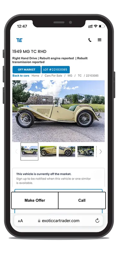 MG listing on Exotic Car Trader, on a phone
