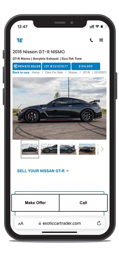 Nissan listing on Exotic Car Trader, on a phone