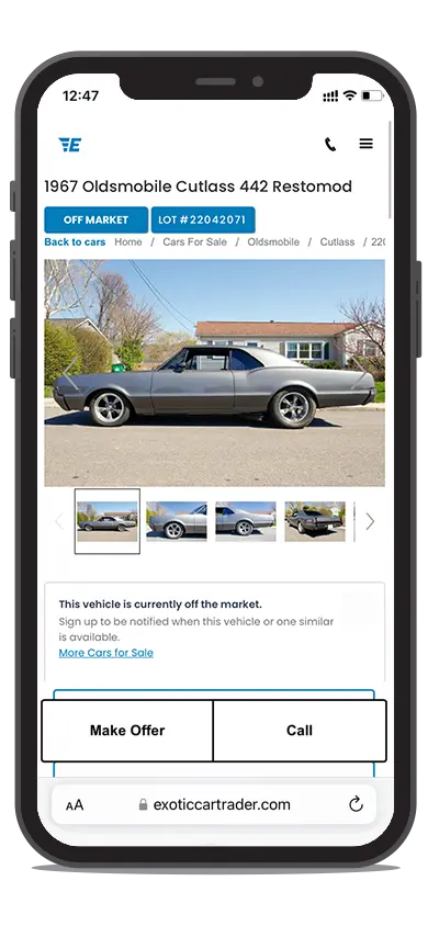 Oldsmobile listing on Exotic Car Trader, on a phone